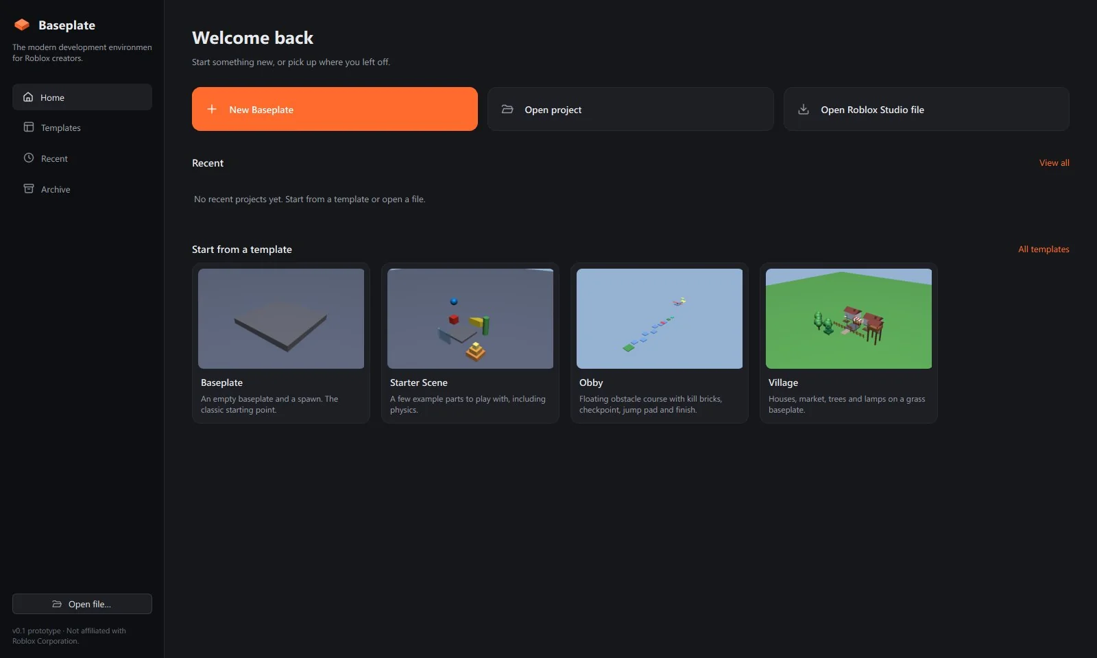 The Baseplate Home screen with New Baseplate, Open project and Open Roblox Studio file buttons, and a row of templates.