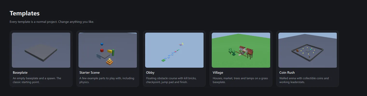 The Templates page showing Baseplate, Starter Scene, Obby, Village and Coin Rush.