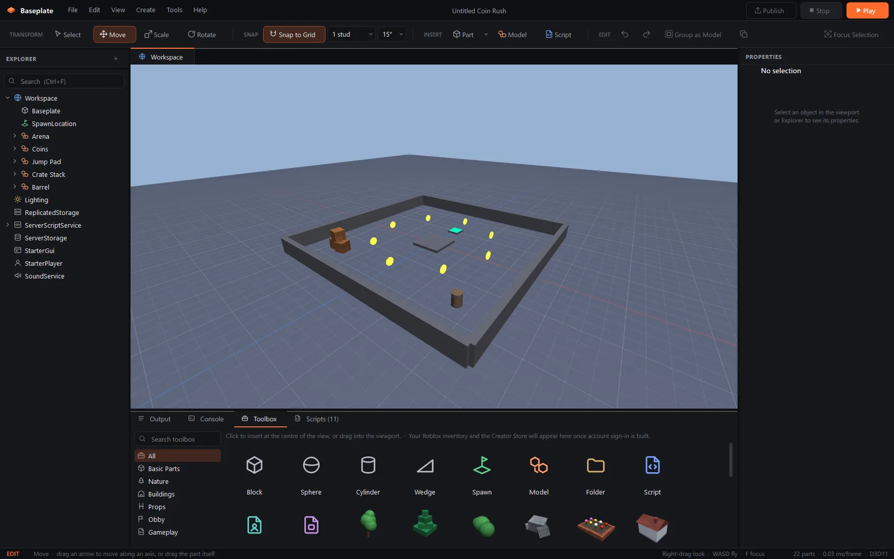 Baseplate with the Coin Rush template open and the Toolbox tab showing categories and asset thumbnails such as trees, a flower bed and a house.