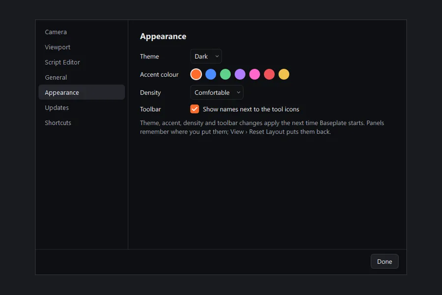 Appearance settings: theme, accent colour swatches, density and an option to show names next to the tool icons.