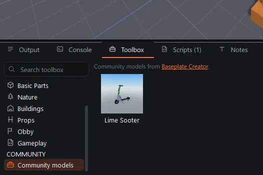 The Toolbox's Community models category showing a model shared on Baseplate Creator.