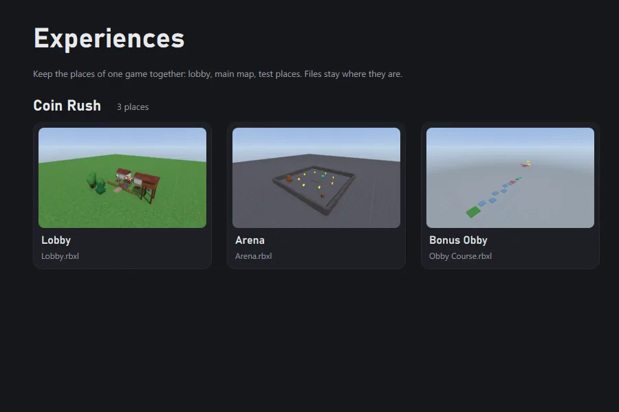 The Experiences page showing a game called Coin Rush with three places: Lobby, Arena and Bonus Obby.