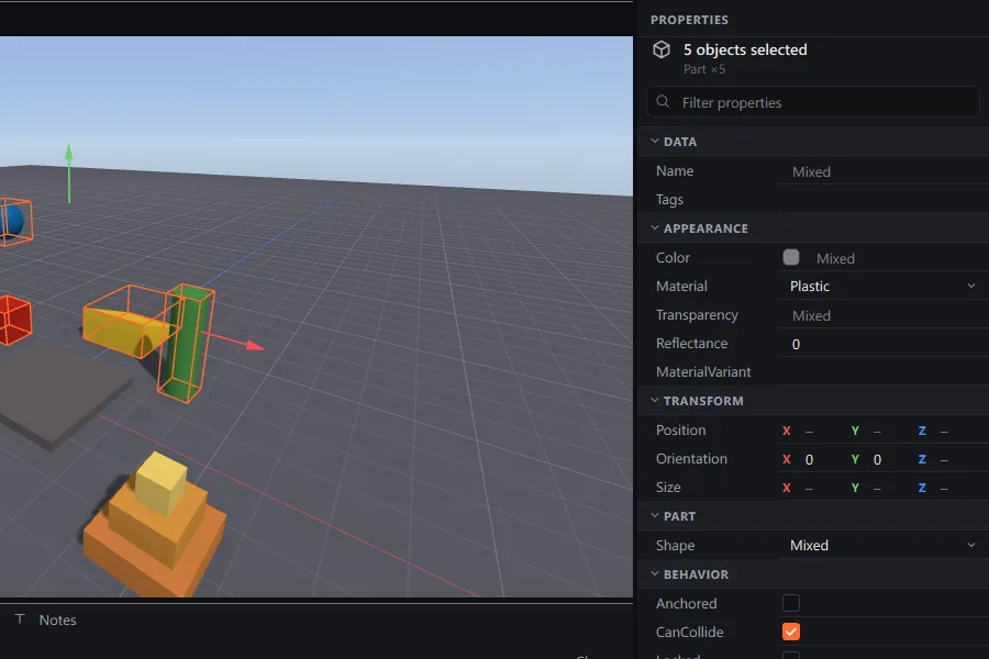 Five parts selected at once. The Properties panel says 5 objects selected and shows Mixed where their values differ.
