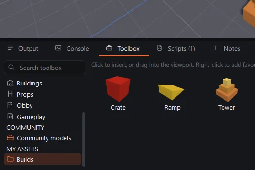 The Toolbox with a My Assets folder called Builds open, holding a crate, a ramp and a tower.