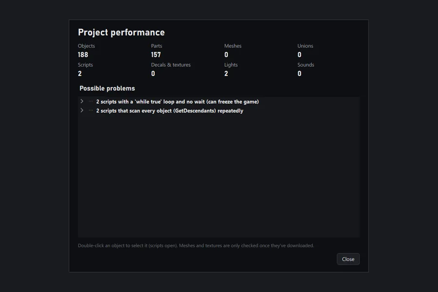 The Project performance window with counts of objects, parts and scripts, and two possible problems found in scripts.