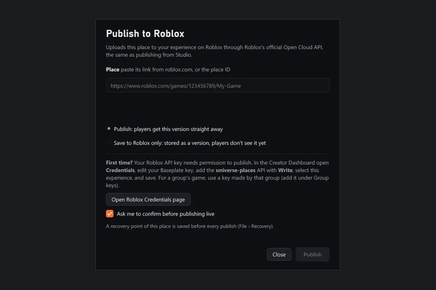 The Publish to Roblox window, with an option to confirm before publishing live and a note that a recovery point is saved first.