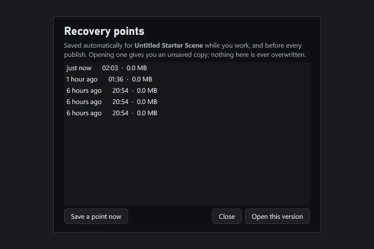 The Recovery points window listing earlier saved versions of the place, with an Open this version button.