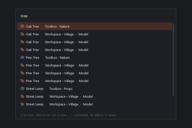 The search box with 'tree' typed in, listing Oak Tree and Pine Tree from the Toolbox and every tree model in the place.