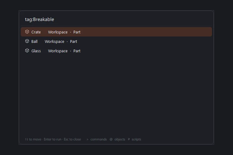 The search box with tag:Breakable typed in, listing the three parts with that tag.