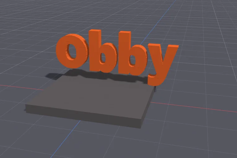 The word Obby as solid orange 3D letters standing on a baseplate.