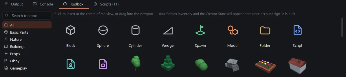 The Toolbox tab with categories on the left and asset thumbnails on the right.