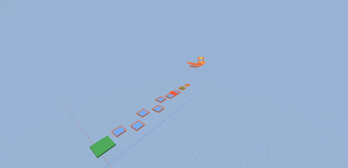A floating obby course of blue platforms leading to a finish pad.
