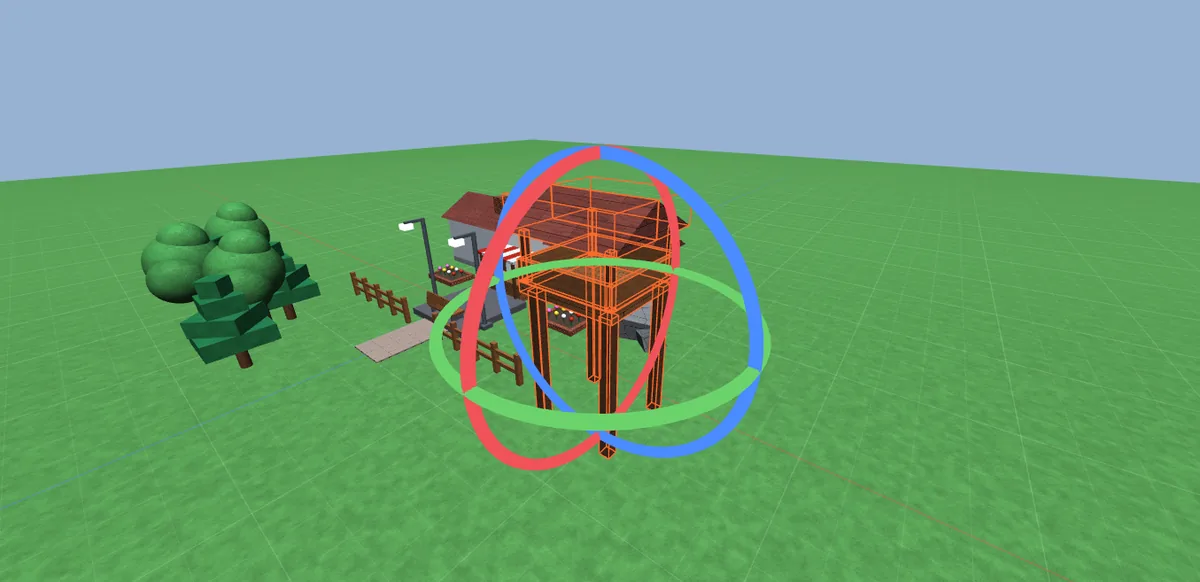 Rotate rings around a wooden watchtower in the Village template.