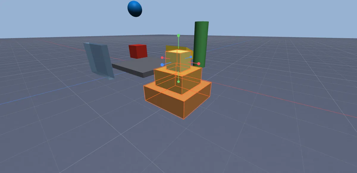Scale handles on a stacked tower of orange and yellow blocks in the Starter Scene template.