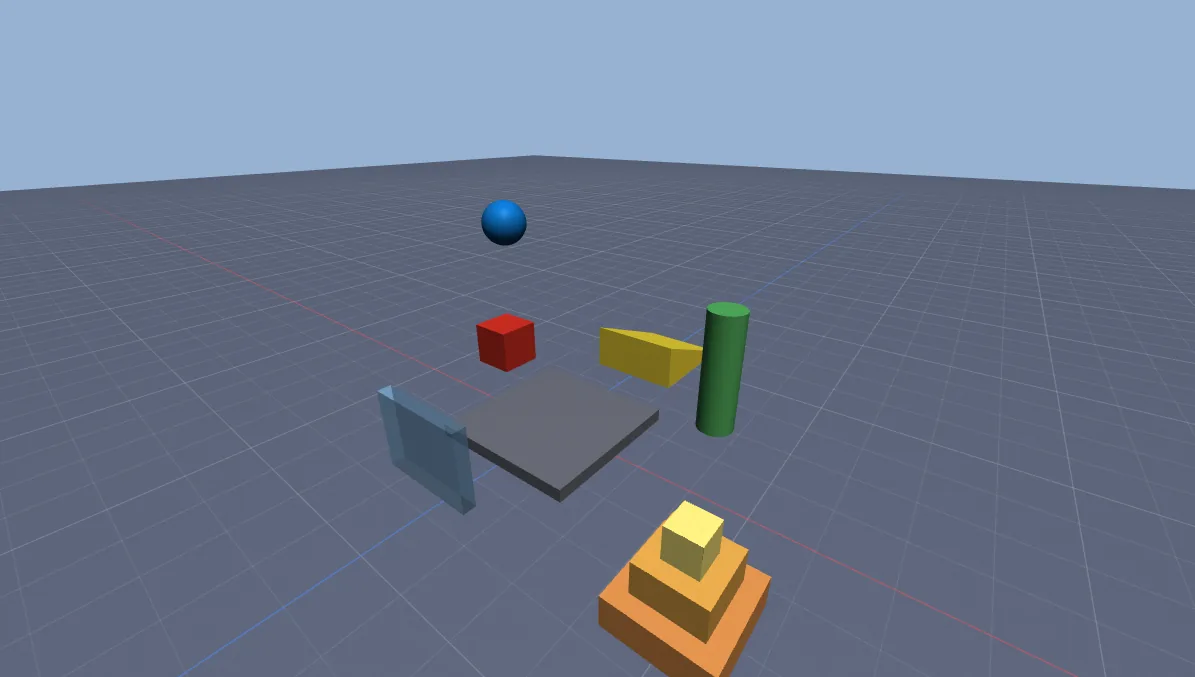 Starter Scene with a red crate, a blue ball, a green pillar, a yellow ramp and an orange tower.