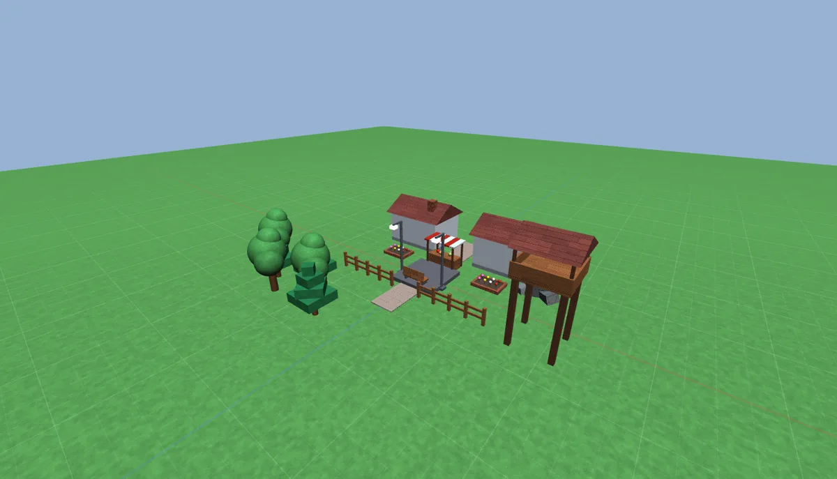 A small village on grass with trees, houses, a market stall and a watchtower.